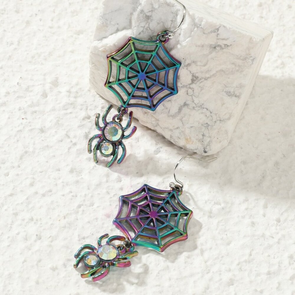 Aurora Borealis Crystal Spiderweb Drop Earrings